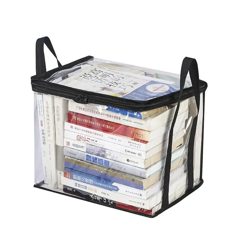 【D】Foldable Clear Book Storage Organizer with Zipper Closure Portable Handles Stackable for Study Room Bedroom Organization