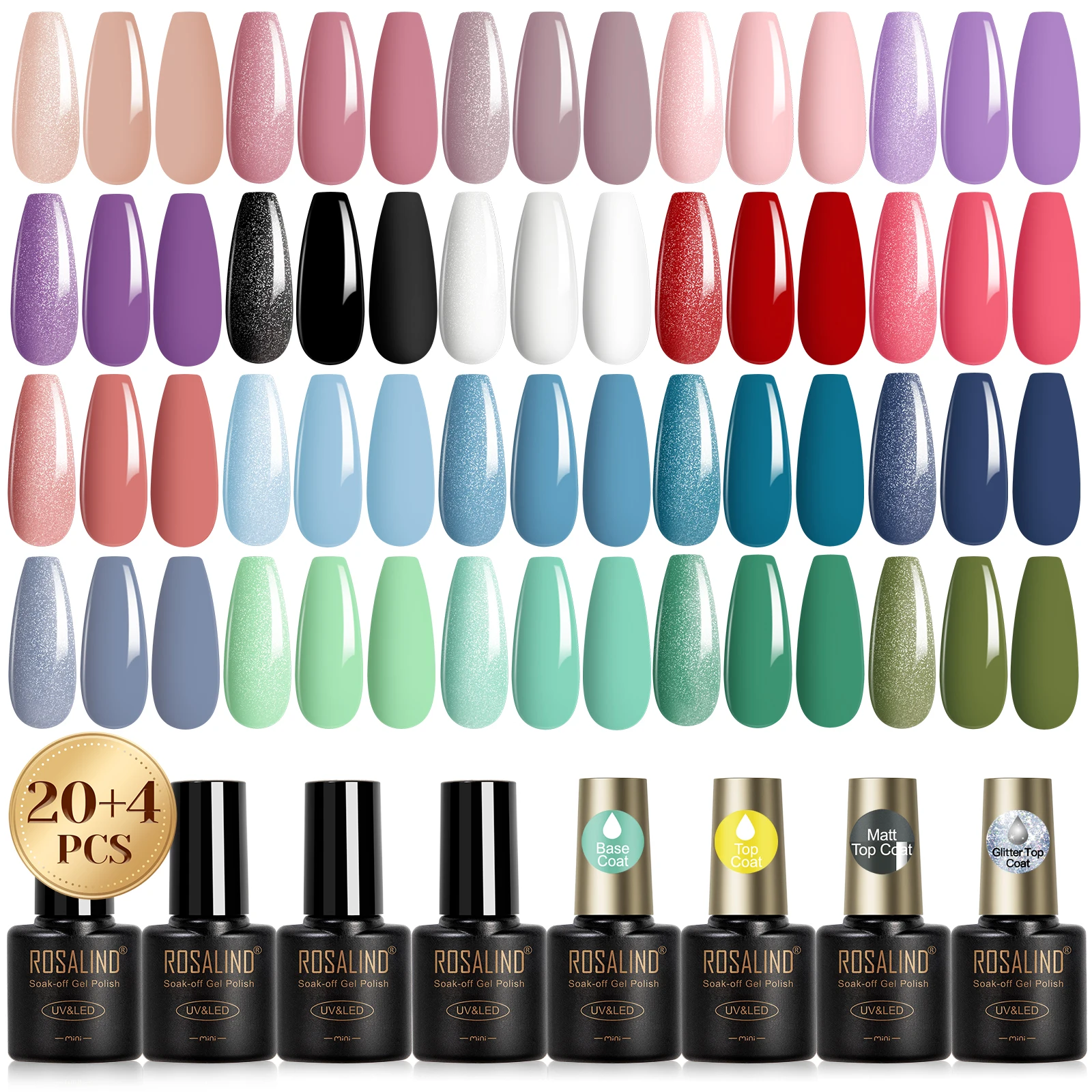 ROSALIND Gel Nail Polish Set 20 Colors with Base and Top Coat Soak Off Nail Gel Kit Long Lasting Glossy Matte Nail Gel