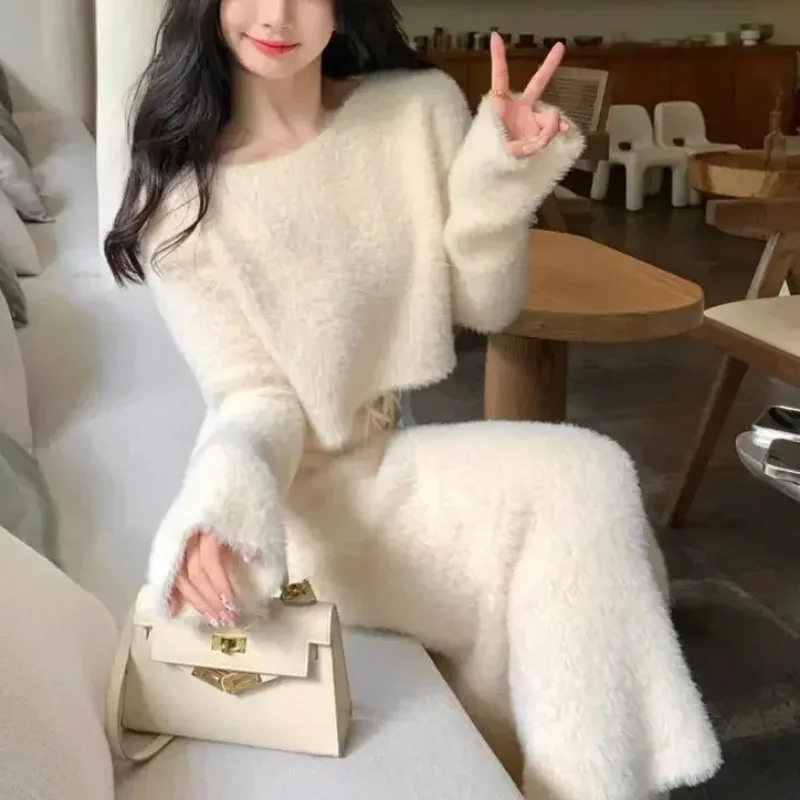 Korean Imitation Mink Fur Knitted Sweater Skirt Sets Temperament Round Neck Short Pullover Crop Top High Waist Bodycon Skirts