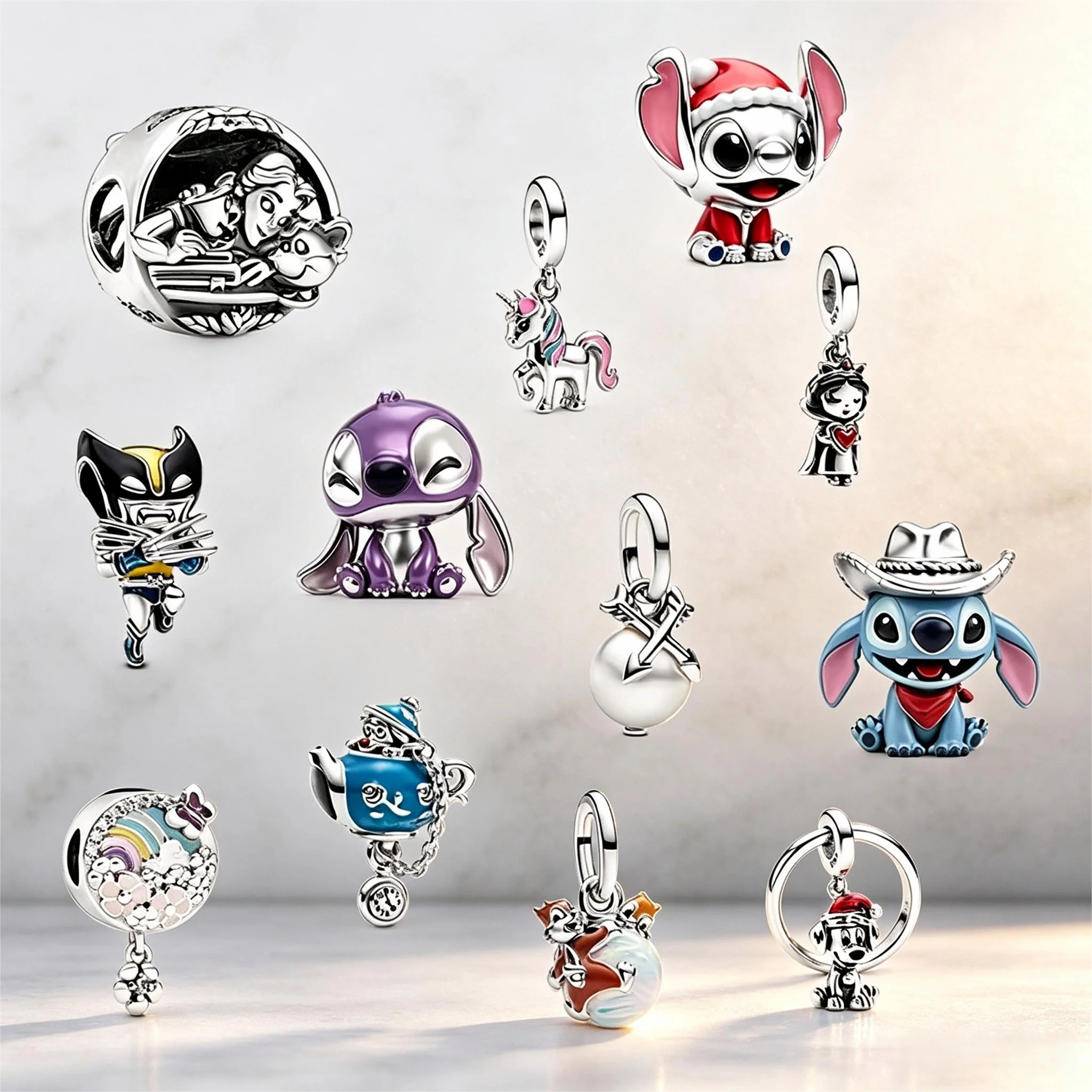 Dijes de Plata de Ley 925 de Mickey y Stitch, Árbol de Navidad, Papá Noel, para Pulseras Originales de Mujer, DIY Navidad