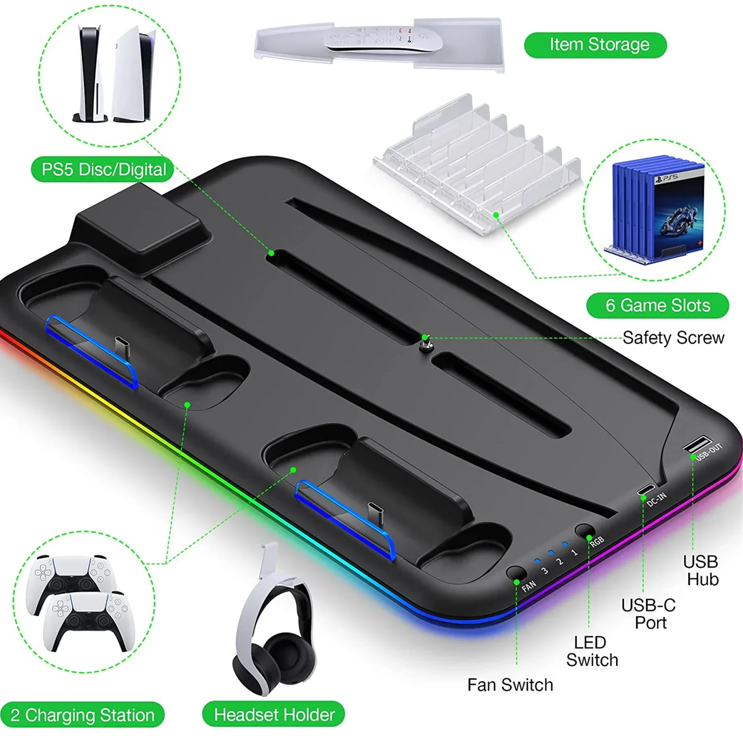 For PS5 Stand and Turbo Cooling&Charging Station with Controller for Playsation 5 Digital/Disc,RGB Light, Headset Holder White