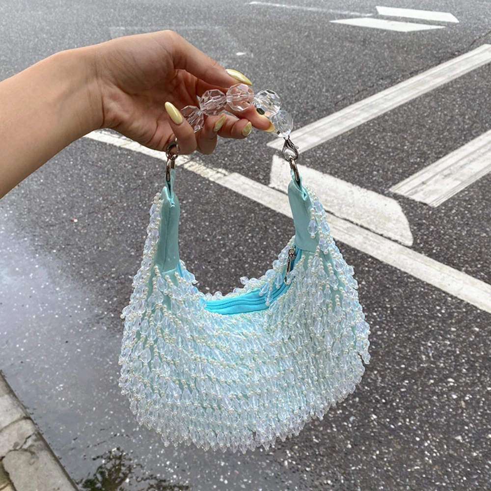 

Niche Fresh Beaded Handbag French Style Retro Hand-woven Pearl Tassel Tote Bag Elegant Temperament Party Handheld Bag For Female
