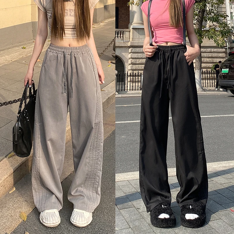 Women Vintage Baggy Pants Girls Korean Fashion Elastic High Waist Lace Up Trousers Female Hip Hop Black Gray Loose Stripe Slacks