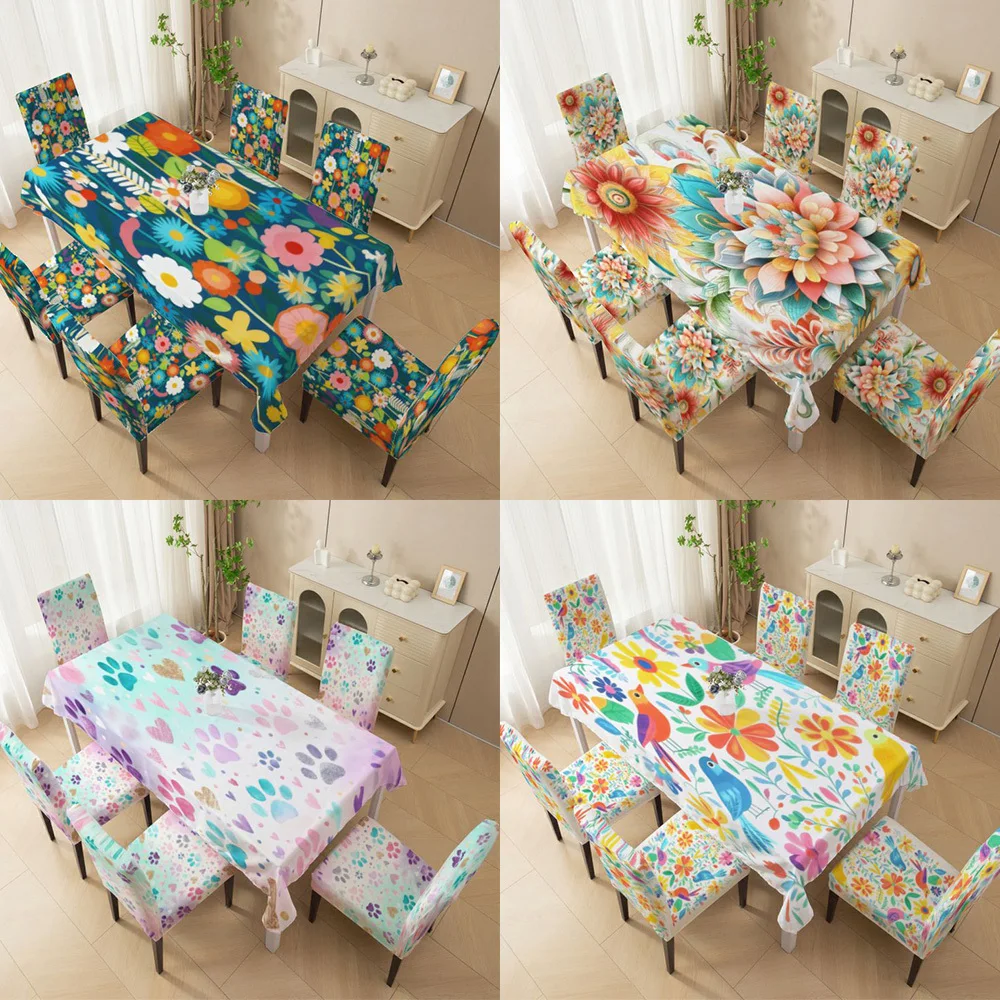 

Elastic chair cover High back dining chair cover set, paw print flower graffiti style pattern, machine all-inclusive chair cover