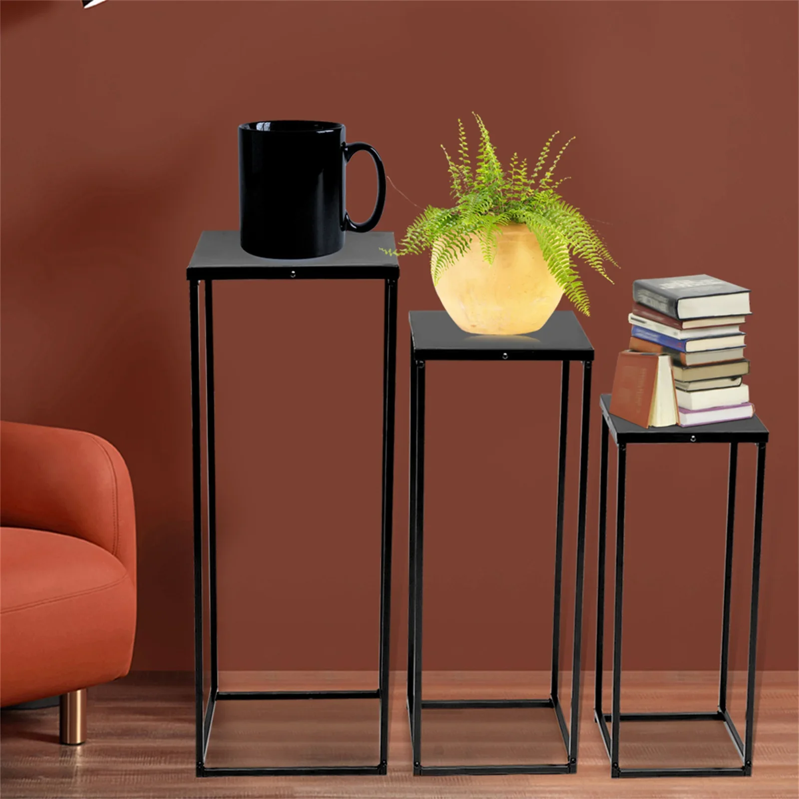 Black Set of 3 Metal Stand Plant Stand High Square Rack Flower Holder Living Room & Patio