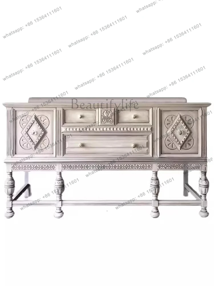 French vintage American solid wood carved storage cabinet white used sideboard