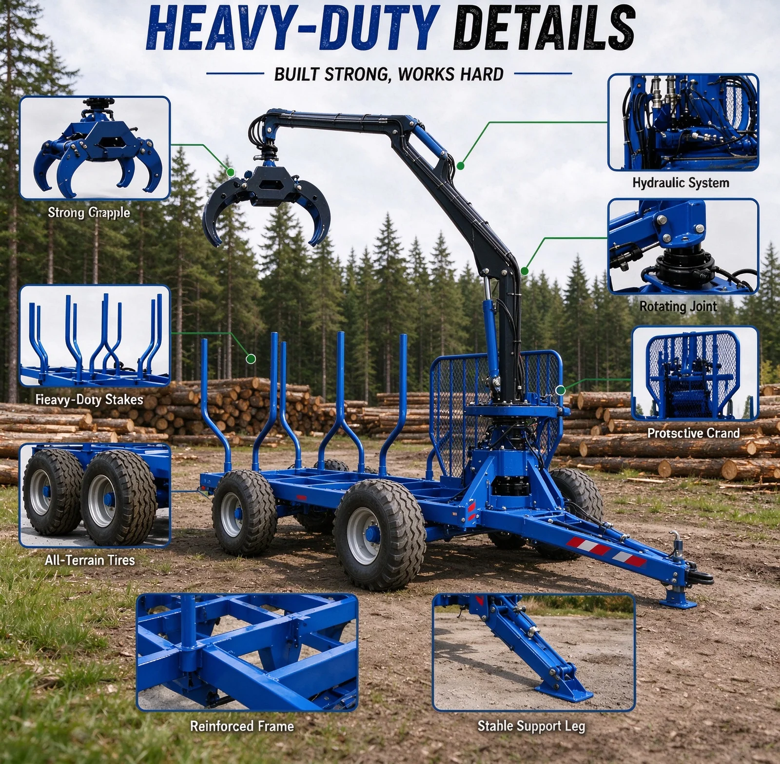 Wood Log Trailer with Hydraulic Crane Grapple, Off Road 4 Wheel Design with Power Pack for Rural Forest Harvest
