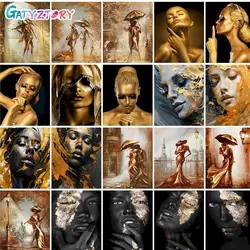 GATYZTORY Abstract Painting By Numbers Golden Women Figure Painting Handmade Acrylic Paint With Numbers For Home Decoration