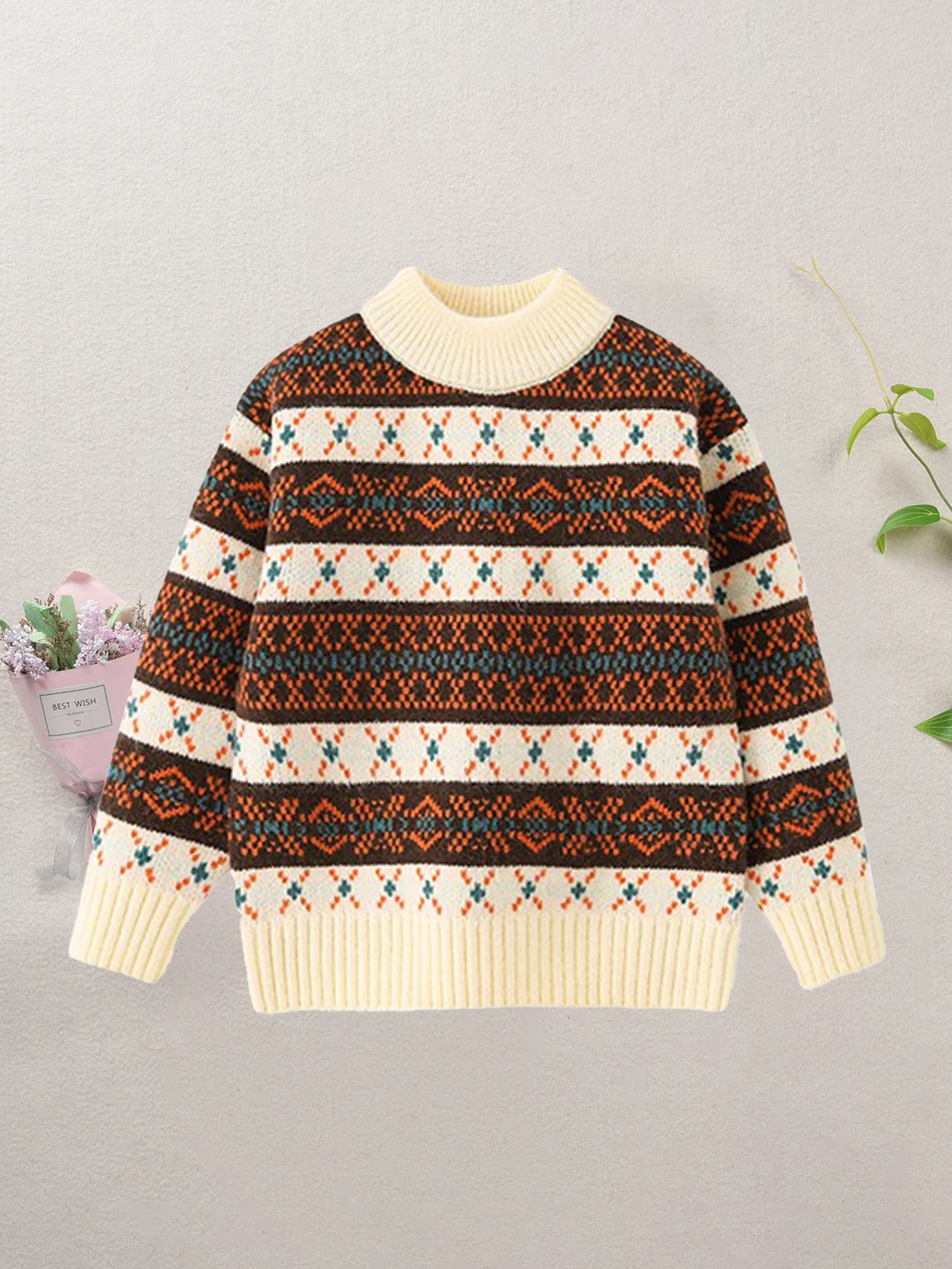 Children Fair Isle Jacquard Knit Pullover, Mock Neck Warm Long Sleeve Sweater for Boys Girls Fall Winter