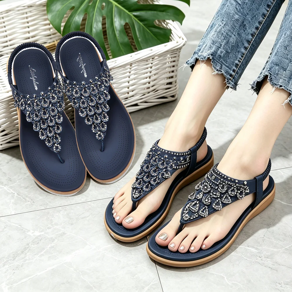 

Women's Rhinestone Slingback Sandals Arch Support Ankle Strap Comfort Summer Dressy Flats