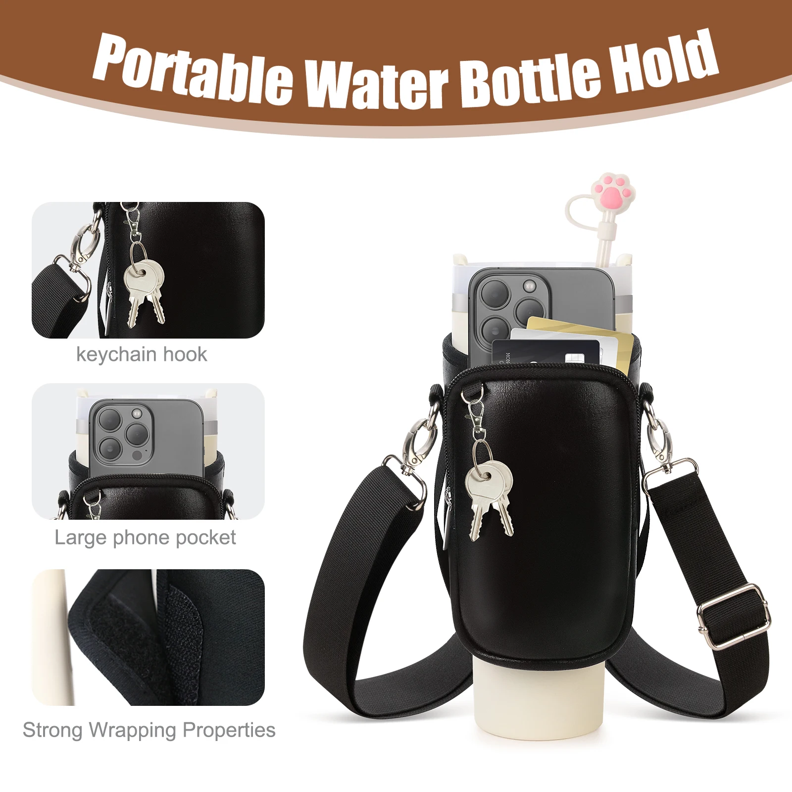 Outdoor Water Bottle Bag Travel Camping Hiking Water Bottle Carrier Sling Bag With Phone Pouch For Stanley Quencher Cup
