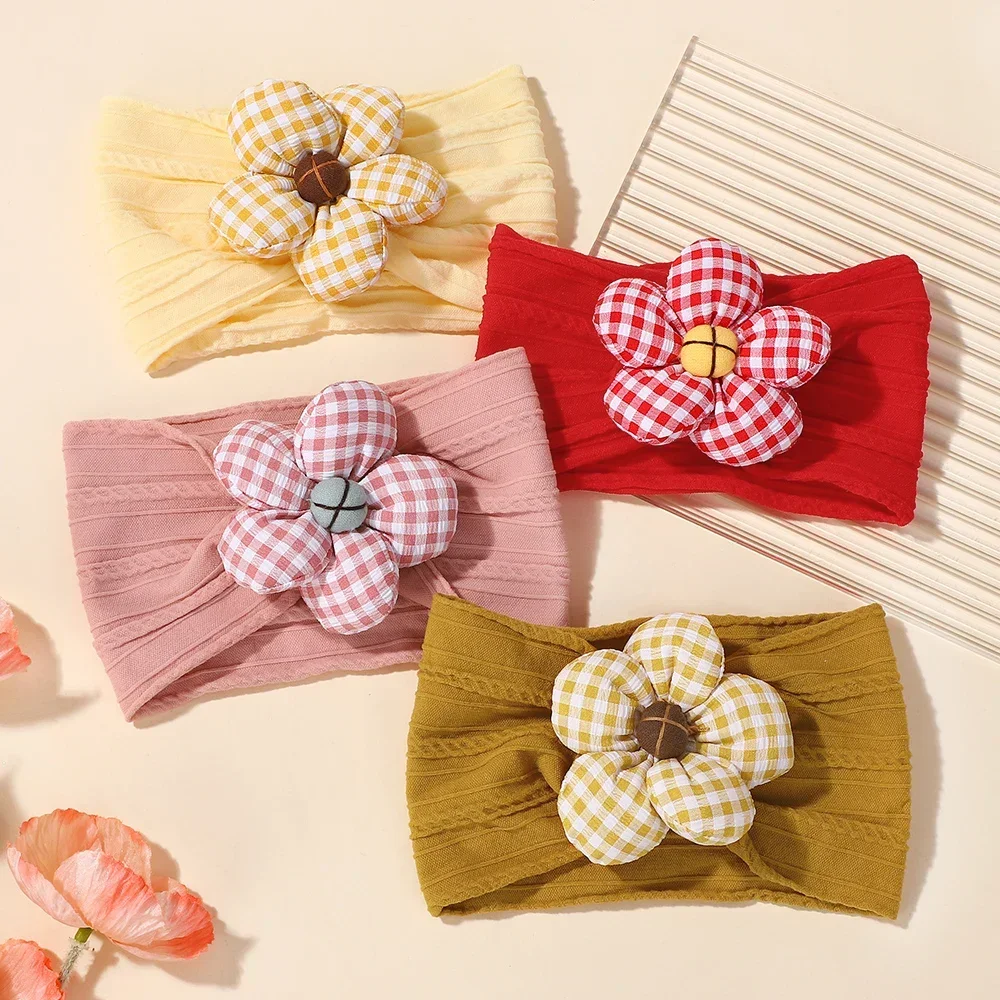 

1Pc Plaid Nylon Headband with Soft Elastic for Baby Girl Cute Handmade Hairband with Flowers Turban for Toddler Hair Accessories