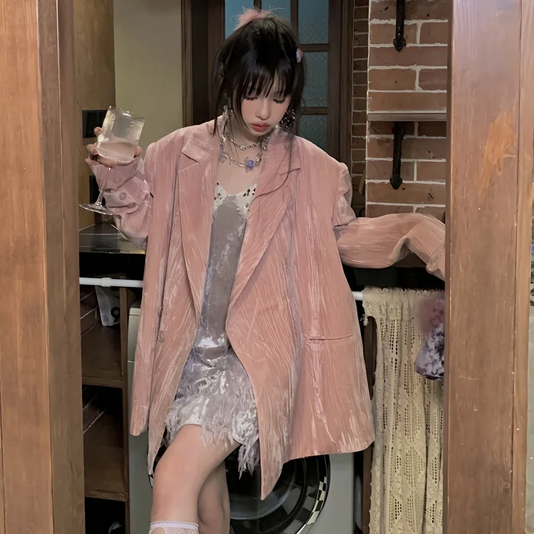 

Long Blazers Woman Autumn Woolen Patchwork Notched Collar Long Sleeve Y2k Blazer Streetwear Casual Ladies Chic Outerwear Fashion