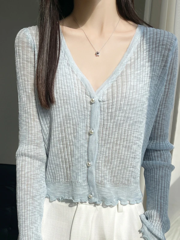 Ropa de protección solar de seda helada de punto fino de verano para mujer chaleco largo Sve V-Ne longitud Regular Color puro viaje Sle