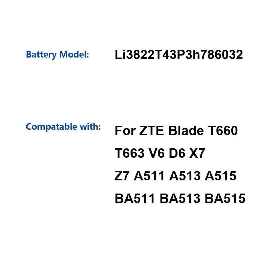 Аккумулятор мобильного телефона Li3822t43p3h786032 2200 мАч для Zte Blade T660 T663 V6 D6 X7 Z7 A511 A513 A515 BA511 BA513 BA515