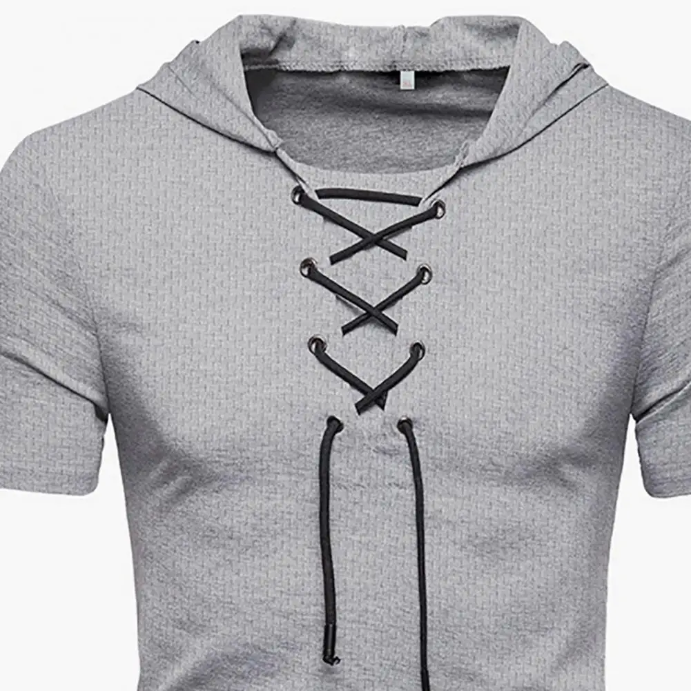 Men T-shirt Pure Color Lace-up Summer T-shirt Breathable Casual Summer Top For Daily Wear