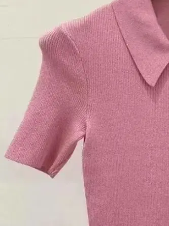 Women\'s pink lapel short-sleeved pullover fashion women sweaters 2023