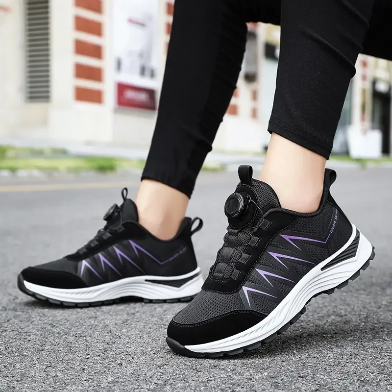 Zapatos con botones para mujer, zapatillas deportivas de malla transpirable sin encaje, para correr al aire libre, Fitness, EVA, antideslizantes, otoño