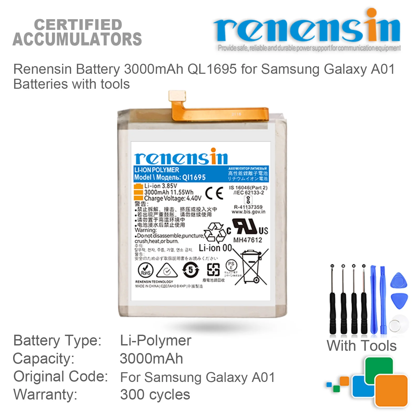 Renensin Battery 3000mAh QL1695 for Samsung Galaxy A01  Batteries with tools