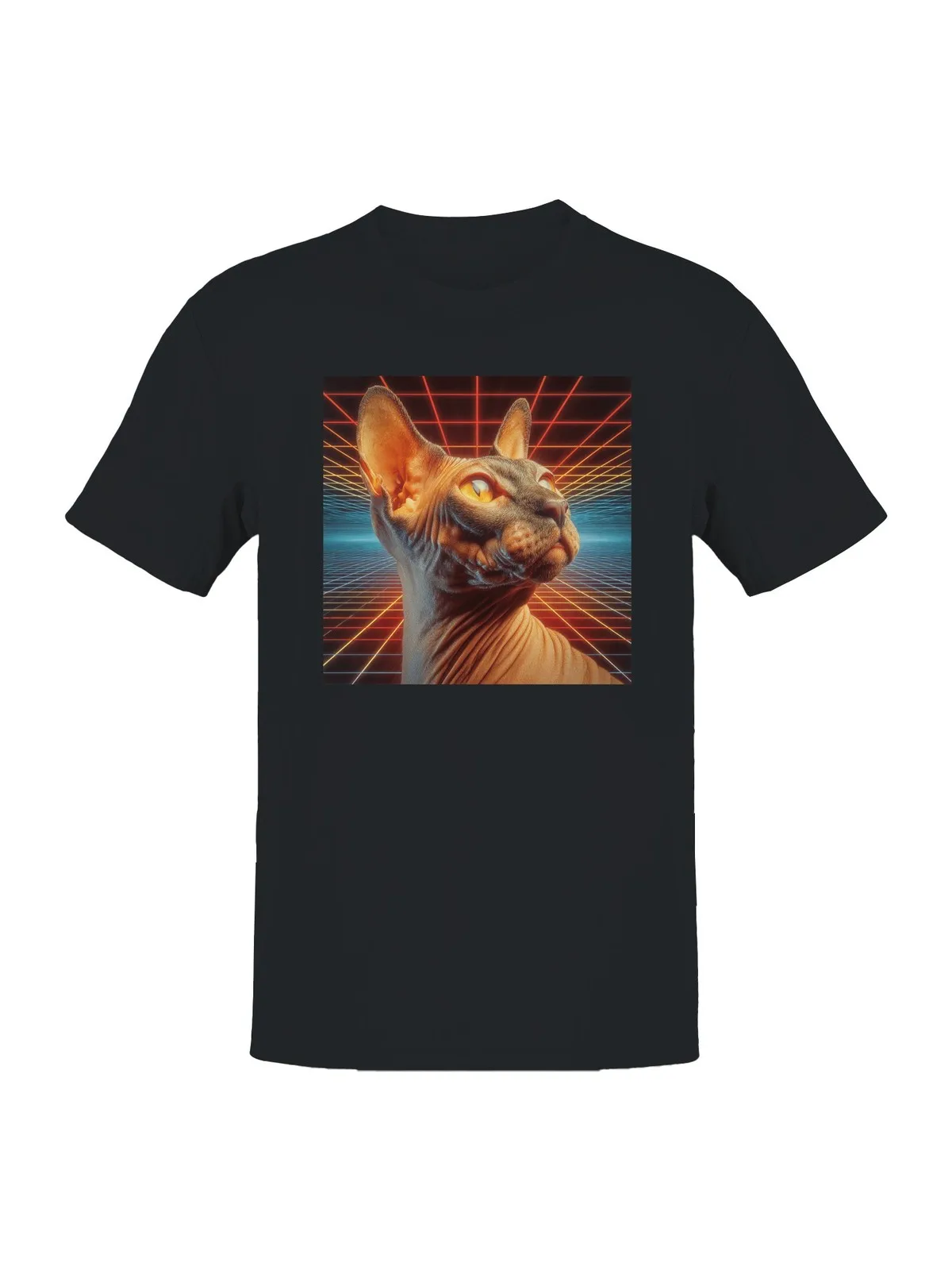 Camiseta futurista para hombre con diseño de gato esfinge en rejilla de neón