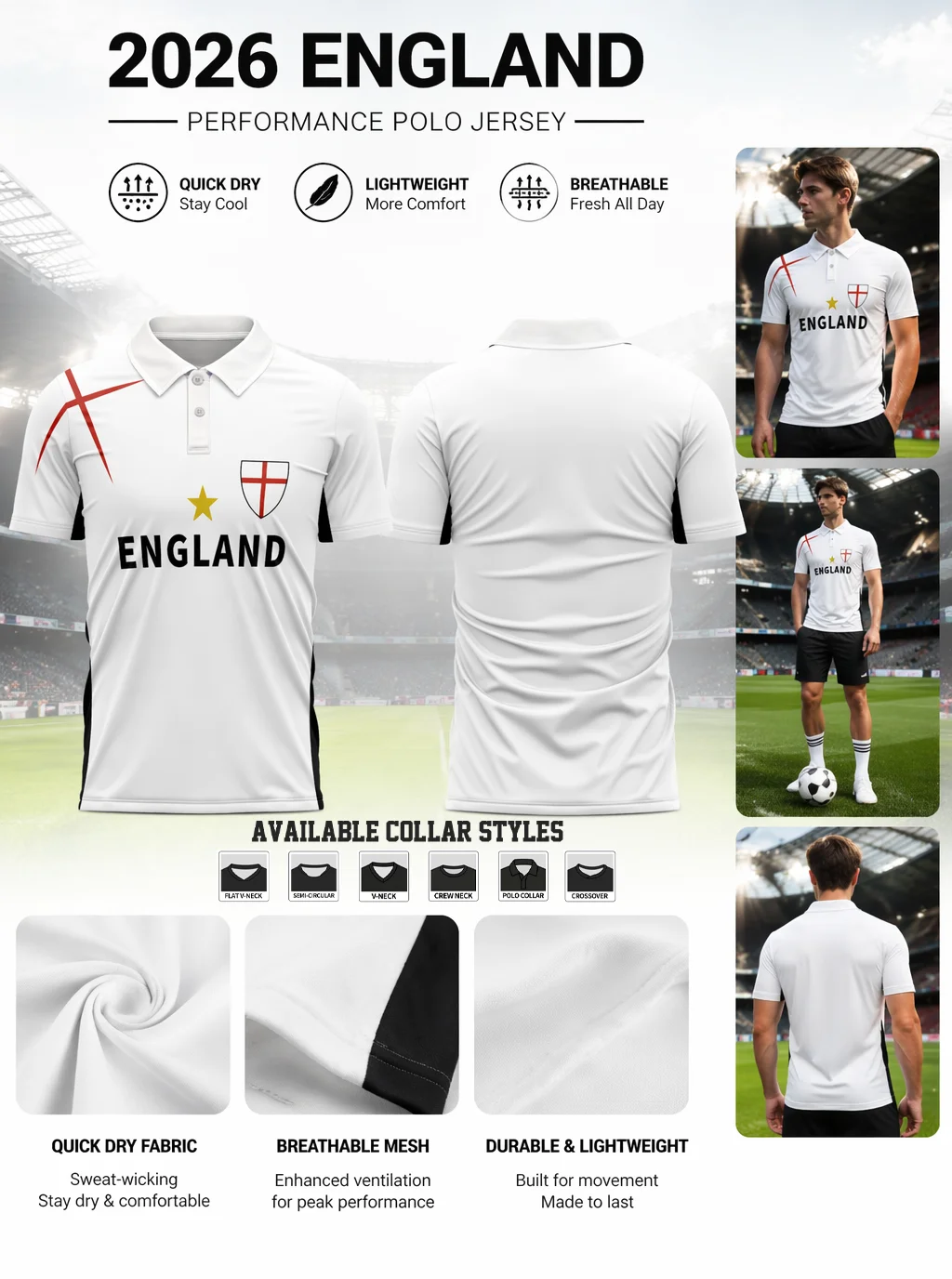 2026 England sport polo jersey, classic England team graphic. Moisture wicking material keeps you fresh during sports