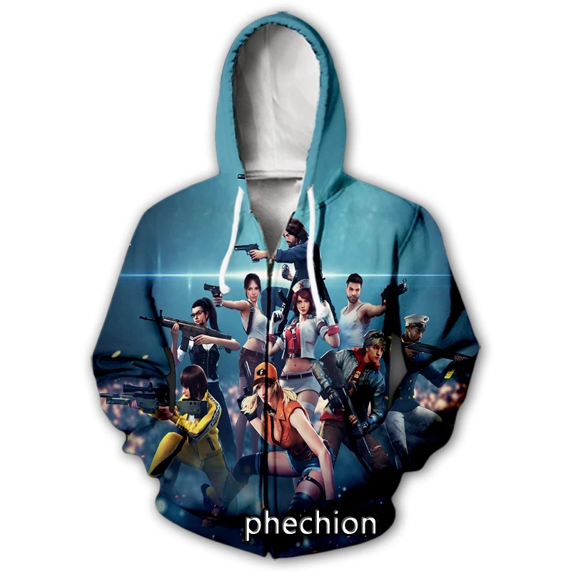 

phechion New Men/Women 3D Printed Free Fire Mobile Game Casual Zipper Hoodies Fashion Men Loose Sporting Zip Up Hoodies J35