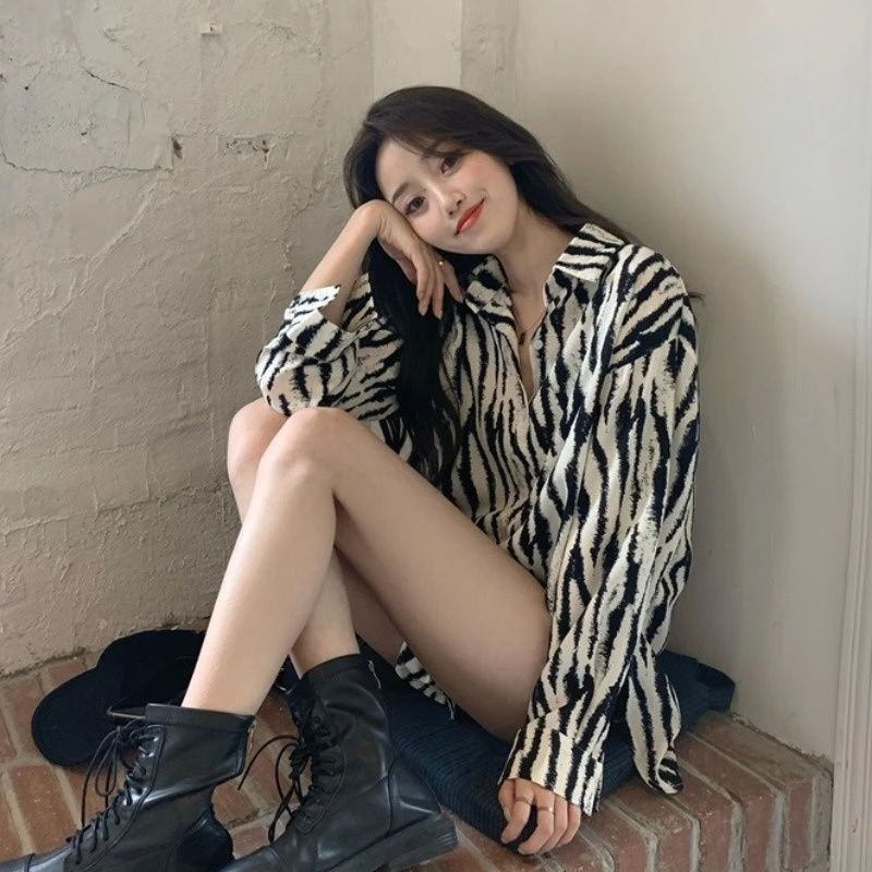 

Zebra Print Women's Shirt and Blouse Casual Youth Elegant Aesthetic Youthful Full Long Sleeve Pretty Chic Button Up Female Tops