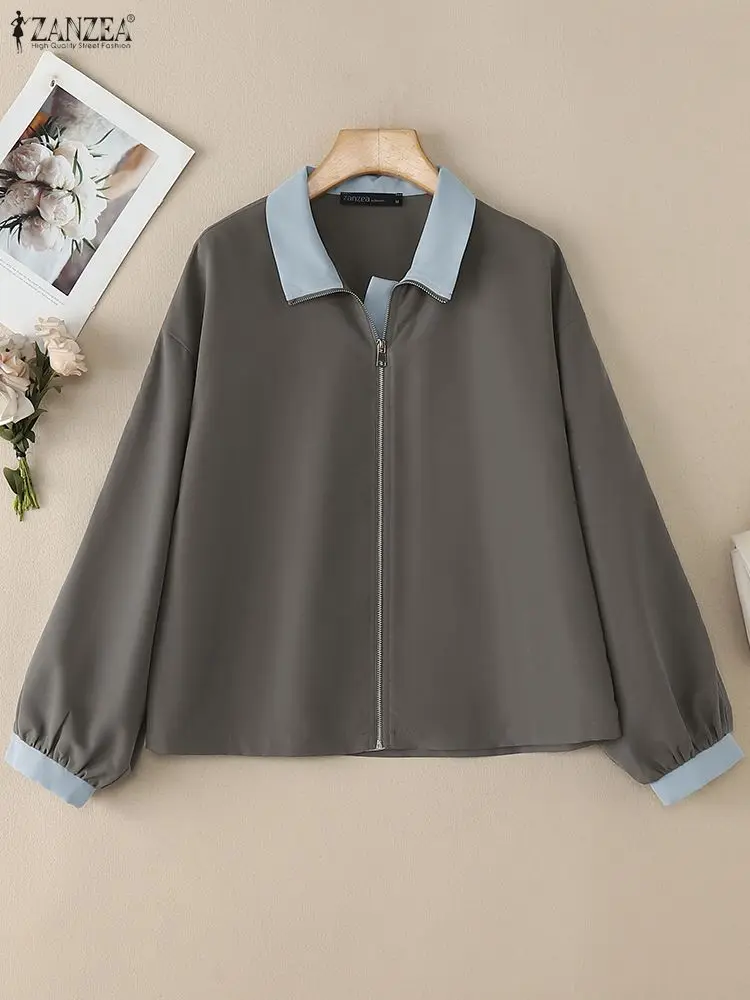 

ZANZEA Women Fashion Color-Blocked Jackets Autumn 2025 Turn-Down Collar Long Sleeve Zip-Up Coats Woman Lightweight Outerwear 3XL