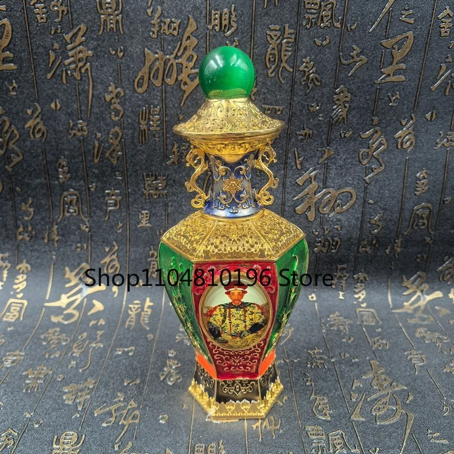 Old Bronze Hexagonal Vase with Qing Emperor Portrait & Inlaid Green Gem Finial