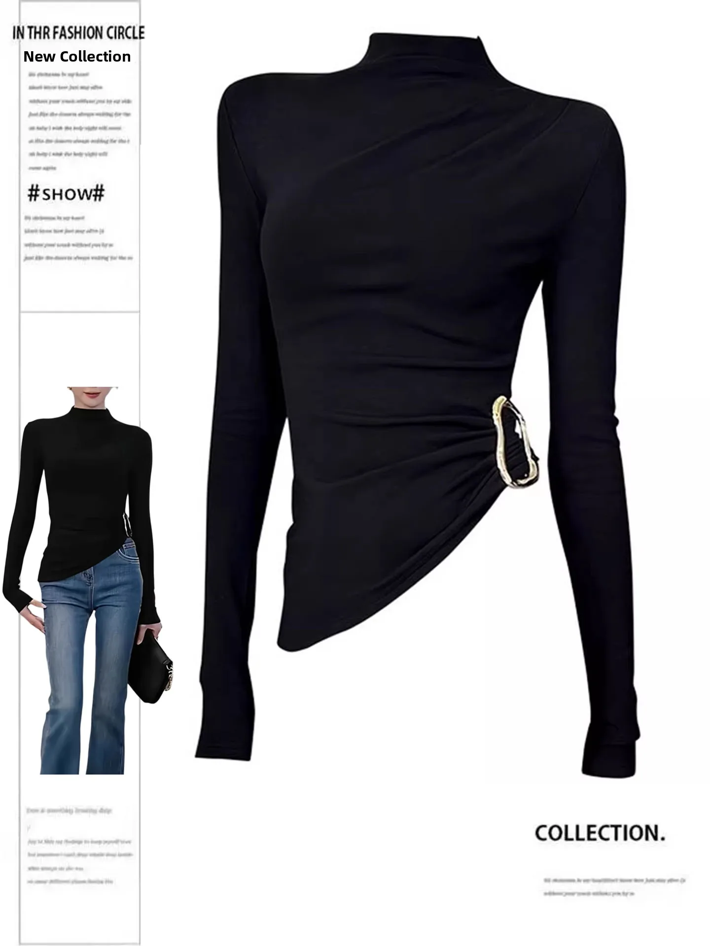 

Slim Fit High Collar Metal Buckle T-Shirt Women's Autumn Winter plus Size Design Sensation Body Shaping Top DUOR Pure Desire ...