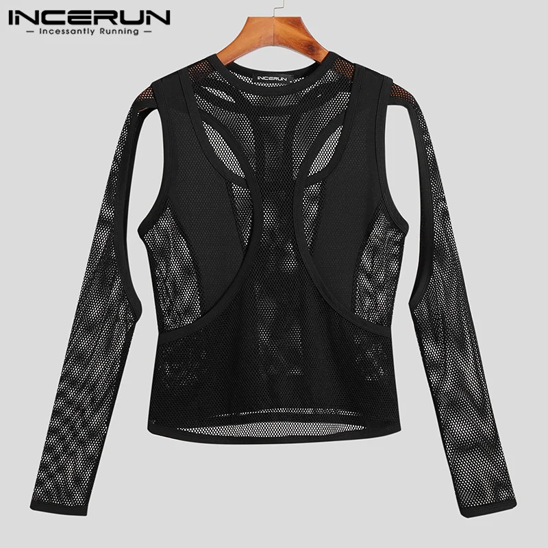 INCERUN Men T Shirt Mesh Patchwork Transparent Sexy O-neck Long Sleeve Men Clothing 2023 Streetwear Hollow Out Fashion Camisetas