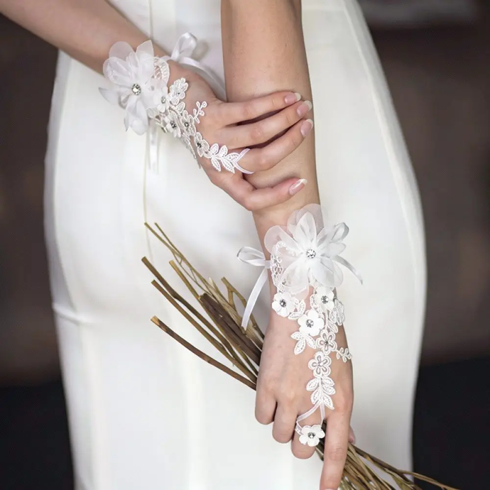 Floral Lace Bridal Gloves Fingerless Ribbon Strappy Wedding Hand Accessories Fashionable Women Party Mittens