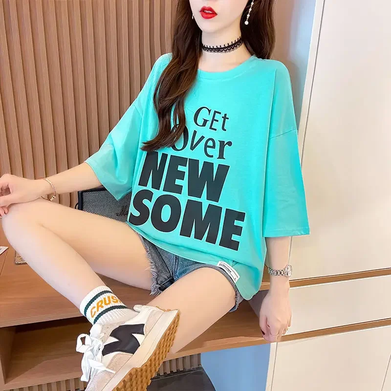 여성 티셔츠 여름 복장 그래픽 반팔 코튼 탑 여성 헐렁한 트렌드 의류 한국 인기 의류 저렴한 여성