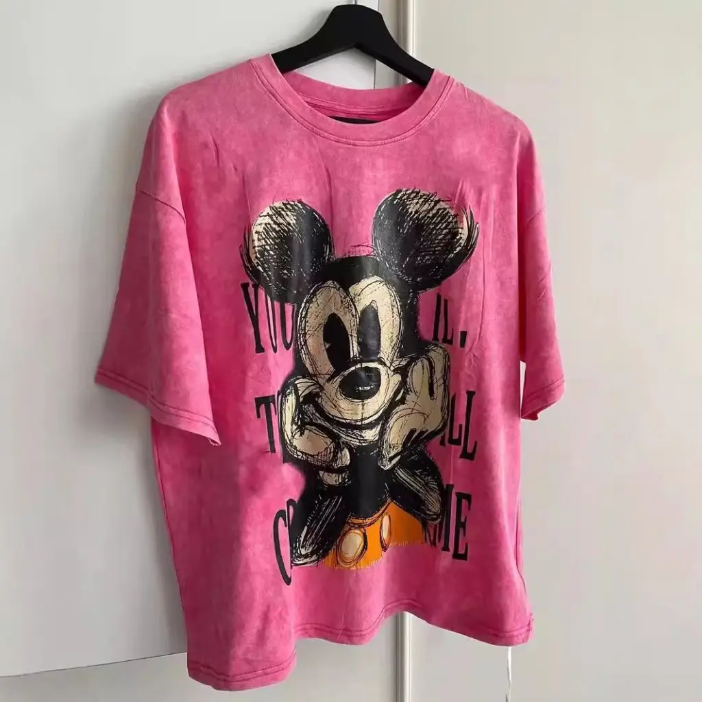 

Retro American Style Distressed Washed Cartoon Print Pure Cotton Loose Fit Short-Sleeved T-Shirt Stylish All-Match Fashion