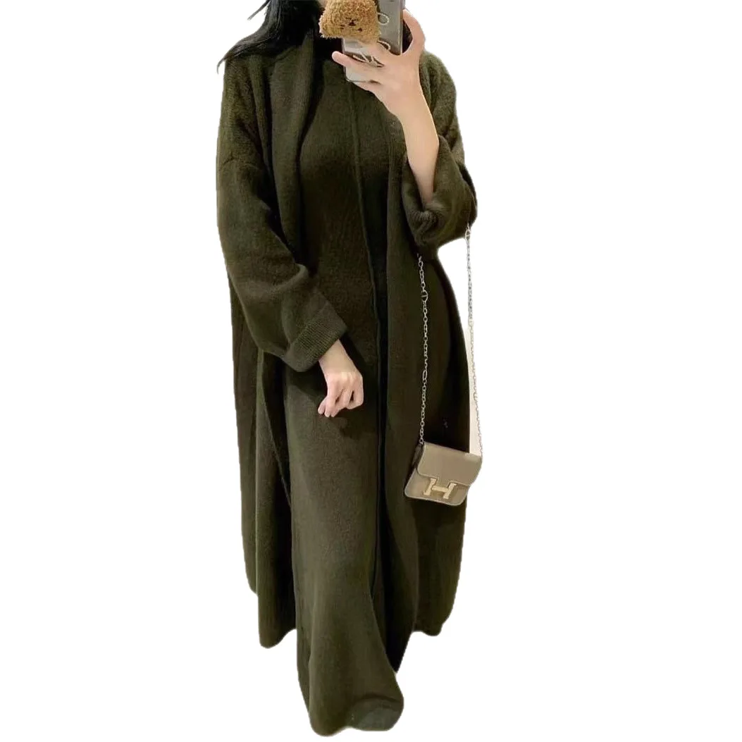 High Neck Long Sleeve Cardigan And Knit Midi Dress Set For Women Two Piece Loose Fit Lazy Autumn Winter Sweater