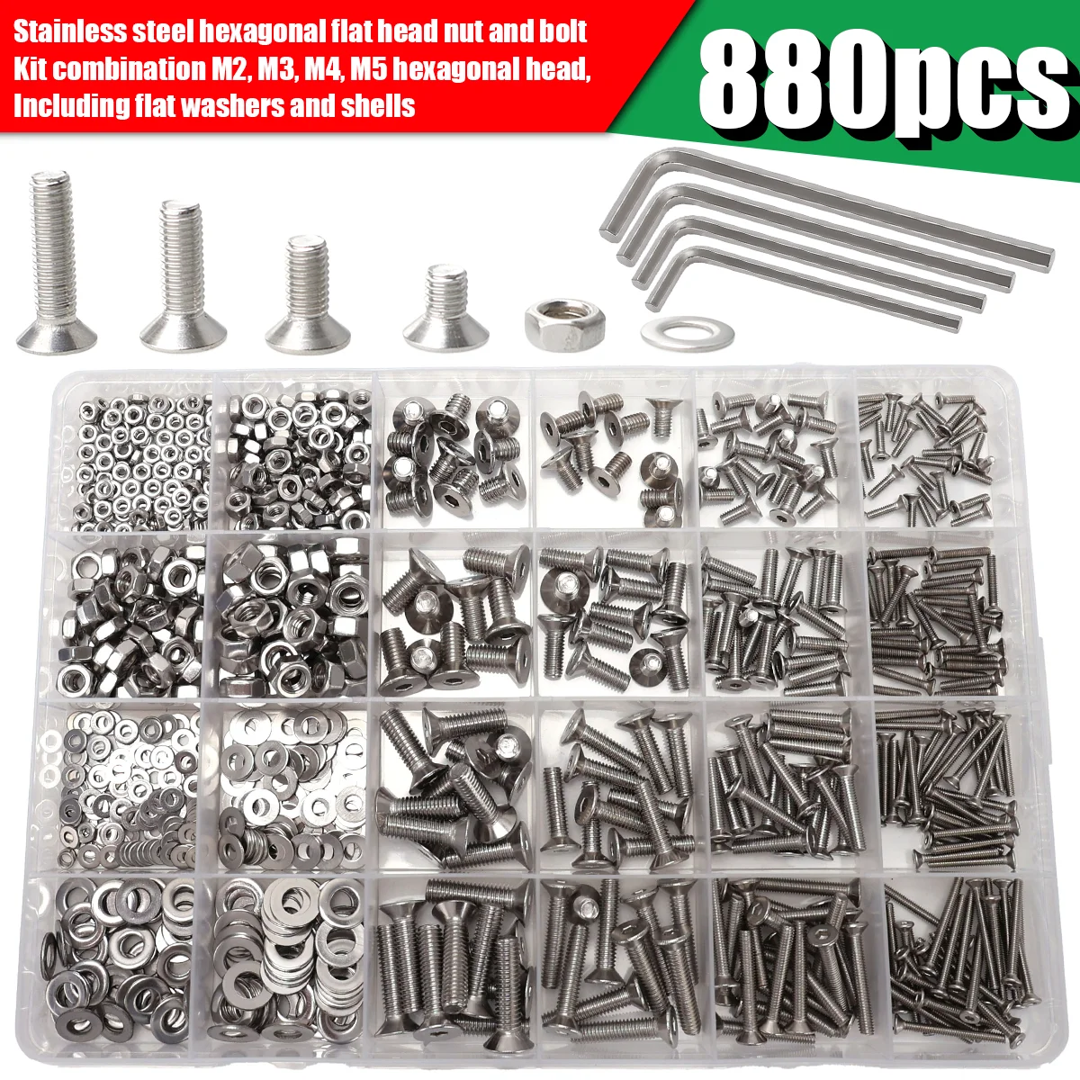880pcs, Set of M2, M3, M4 and M5 Stainless Steel Flat Head Hex Bolts, Nuts, Washers, and Countersunk Head Socket Head Cap Screws