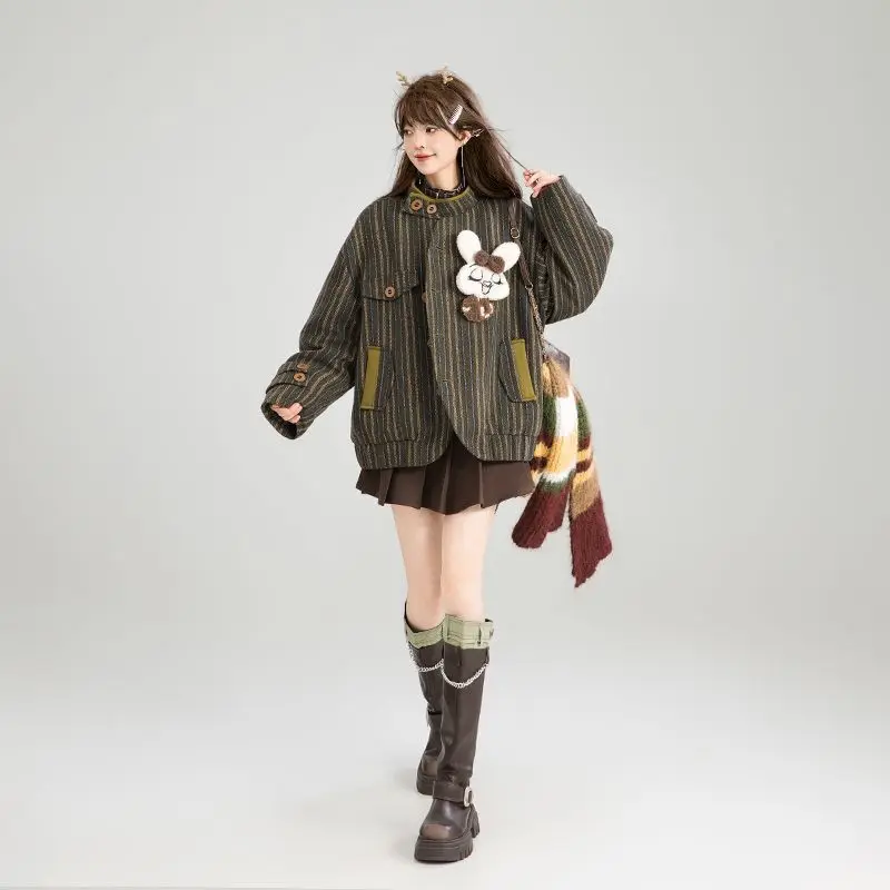 MINISO Retro Fashion Warm Jacket Cotton Jacket Autumn/Winter Design Sense Stand up Collar Striped Coat