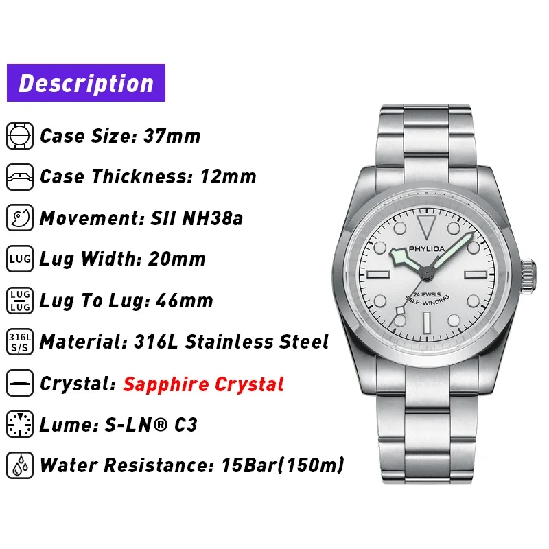 PHYLIDA 37mm Silver Sunbrushed Dial NH38 Wristwatch 150M WR Watches for Men Automatic Watch 36mm Small Wrist NH35 C3 Lume