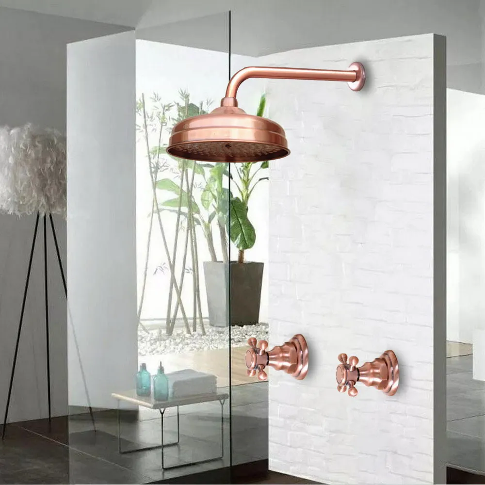 

Antique Red Copper Brass Wall Mounted Bathroom Dual Handles 8" Inch Rain Shower Head Faucet Set Bath Mixer Tap abn209
