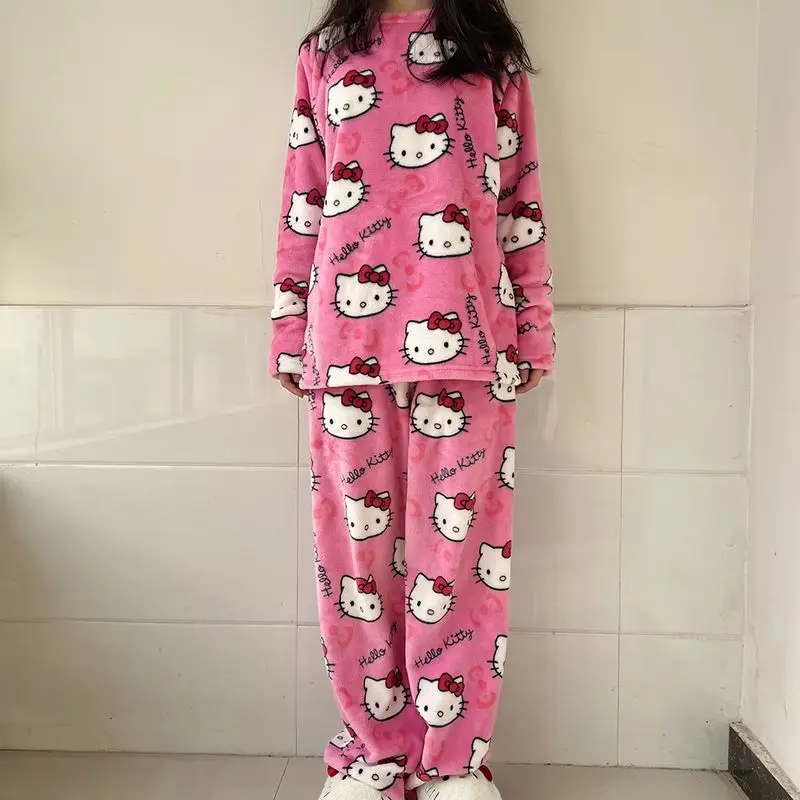 

2Pcs/Set Sanrio Hello Kitty Anime Pajamas Pants Pajama Set Cartoon Cute Home Wear Couple Warm Loungewear Girl's Gift
