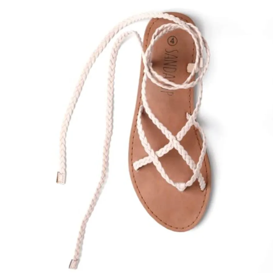 Trary Womens Woven Braided Lace Up Flat Sandals Strappy Gladiator Open Toe Tie Up Ankle Wrap Summer Cute Flats Comfortable Casu