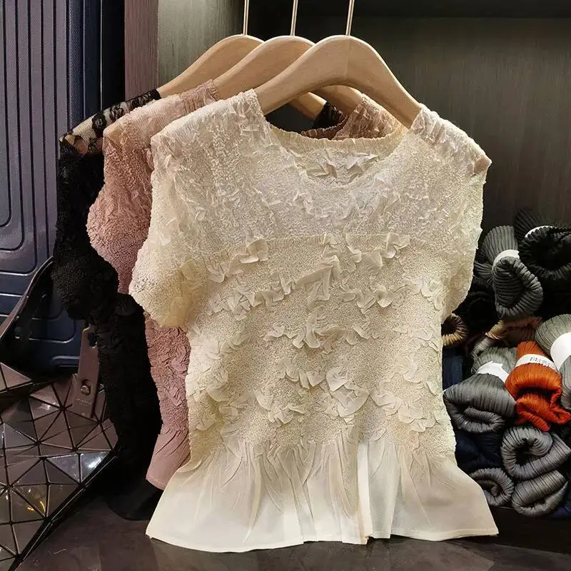 Embossed Summer Splicing Pleated Top For Women Temperament Elastic Slim Round Collar Short Sleeve Pullover Tops 2X3WJ