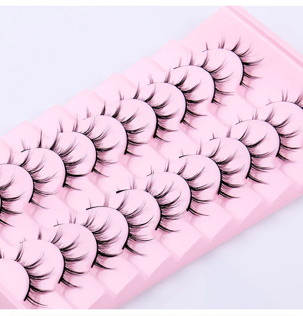 10 Pairs Spiky Manga Lashes - Anime Cosplay Eyelashes - 14mm Natural Clear Band - Doll Eye Lash Pack