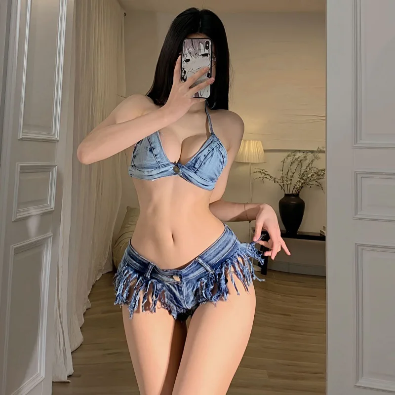 2026 New Ultra Low Waist Fringe Denim Micro Shorts Sexy Ripped Tassel Jean Shorts for Women, Y2K Summer Beach Clubwear