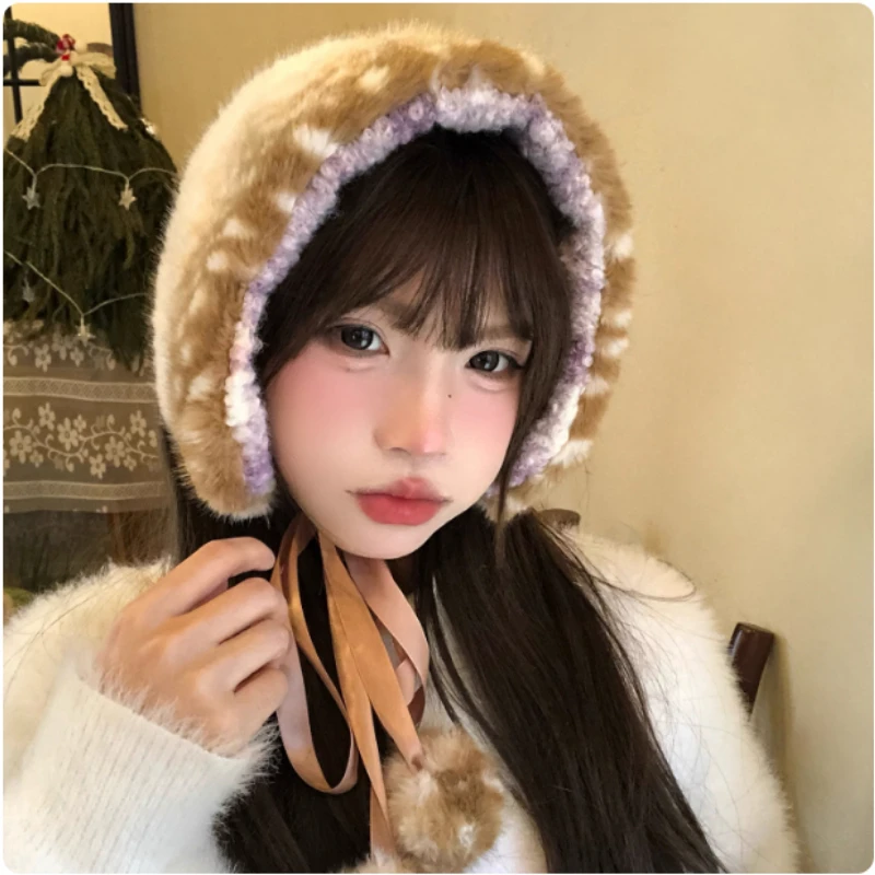 

Милые рождественские плюшевые наушники палевого цвета, зимние уличные утолщенные теплые наушники на шнуровке, декоративная повязка на голову для женщин