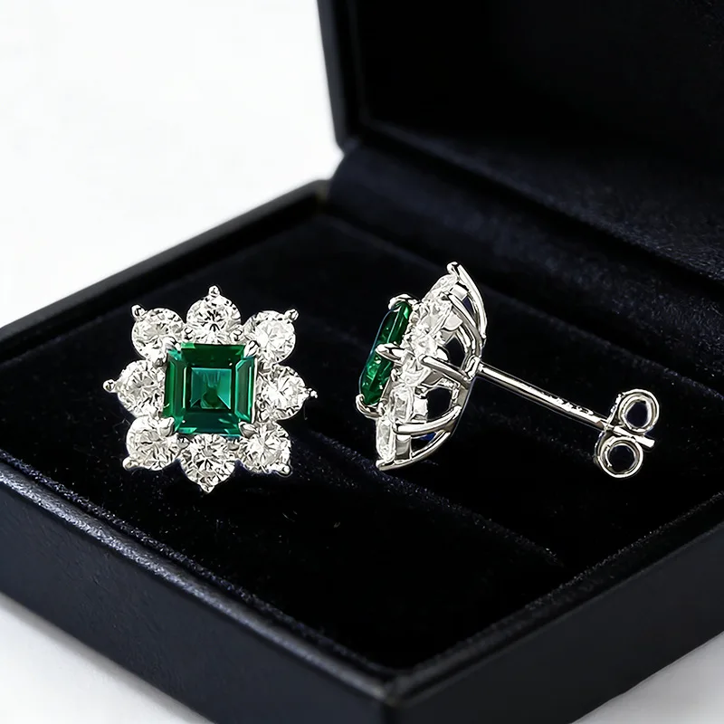 Minween 5x5mm Step Cut Lab Emerald Stud Earrings with 925 Sterling Silver Party Gift Jewelry