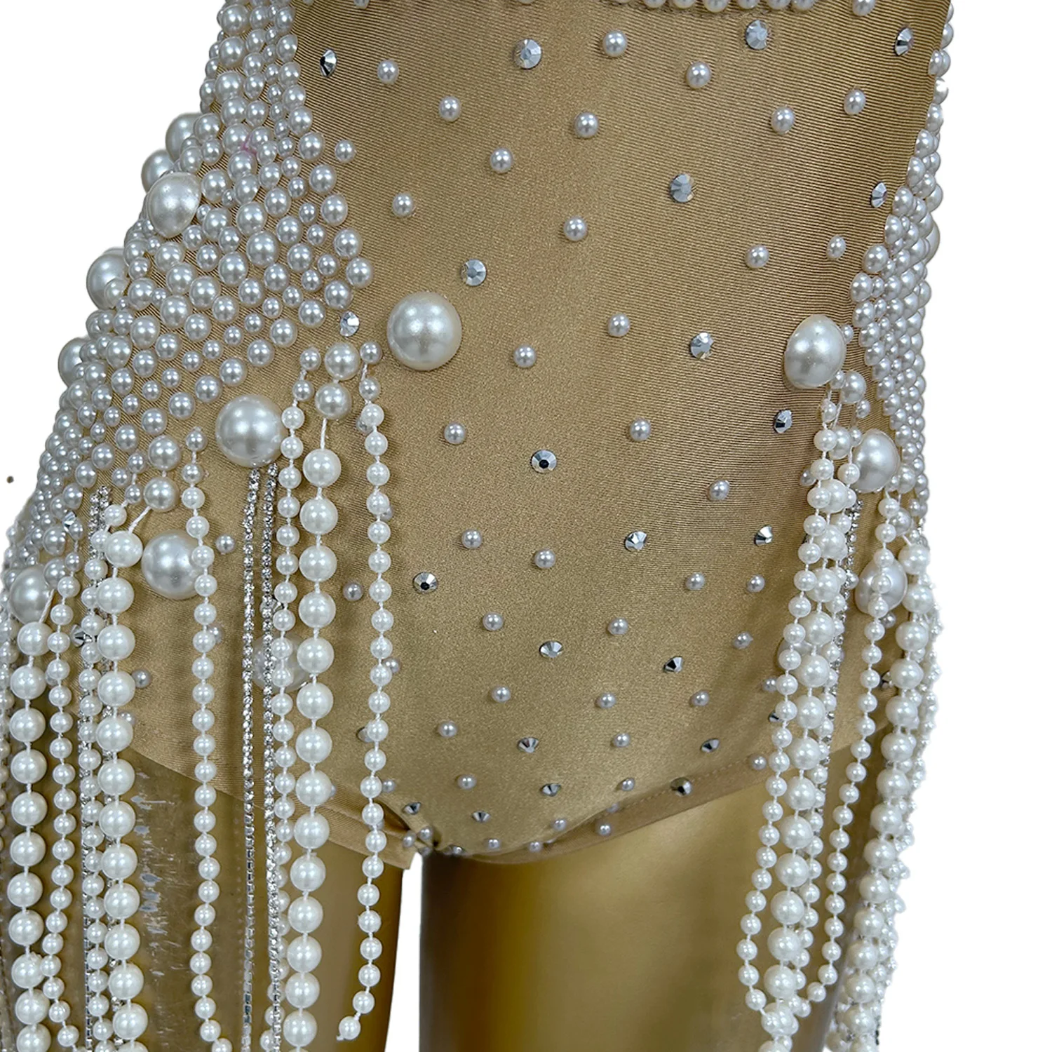 Sexy Hollowed out Pearl Chain Jumpsuit Rhinestone Strapless Leggings Girl Group Performance Costume Nightclub Dress cangxuan