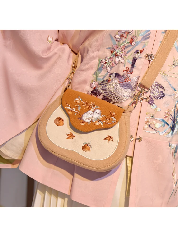 Sweet Chinese Classical Hanfu Girl Shoulder Bag Autumn Orange Romantic Embroidery Maple Leaf Persimmon Bird Branch Small Bag