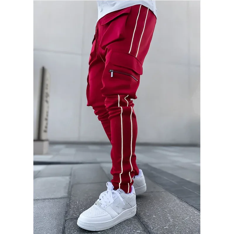 Spring and Autumn Mens Overalls Fashion Brand Elastic Multi-pocket Reflective Straight Sports Fitness Casual Pants