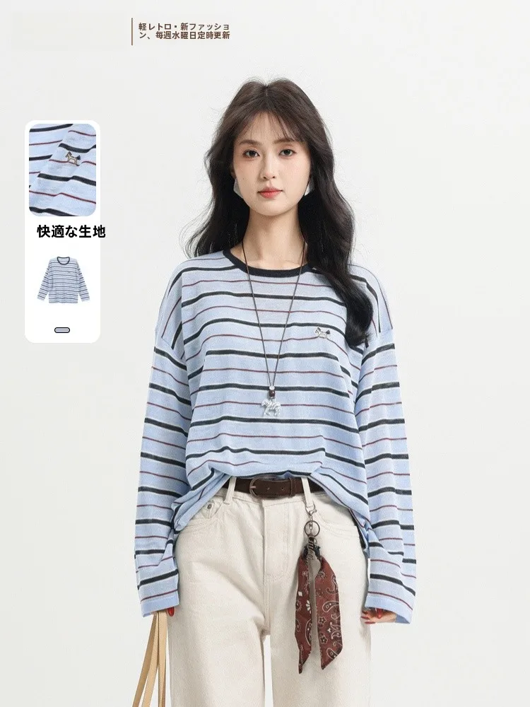 

Summer New Blue Stripes Long Sleeve round Neck Pullover Sweater Elegant Loose Fit Comfortable Regenerated Cellulose Fiber T-S...